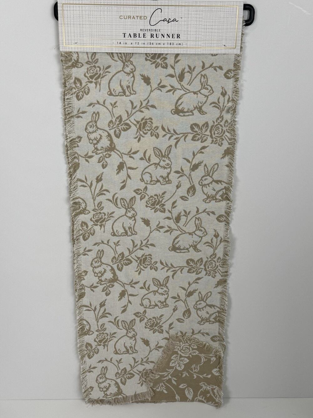 New Reversible Ivory Beige Floral Bunny Rabbit Easter Table Runner 14x72